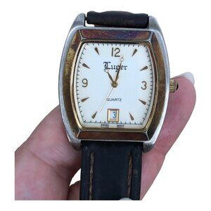 Luger Vintage Watch w/Rounded Rectangular Face & Dark Brown Leather Band